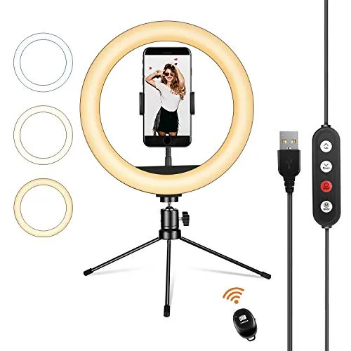 UPhitnis Luce per Selfie, 10" LED Ring Selfie Light con Supporto per Treppiede e Supporto Flessibile per Telefono, 3 Modalità di Illuminazione e 10 Livelli di Luminosità per la Fotografia Video