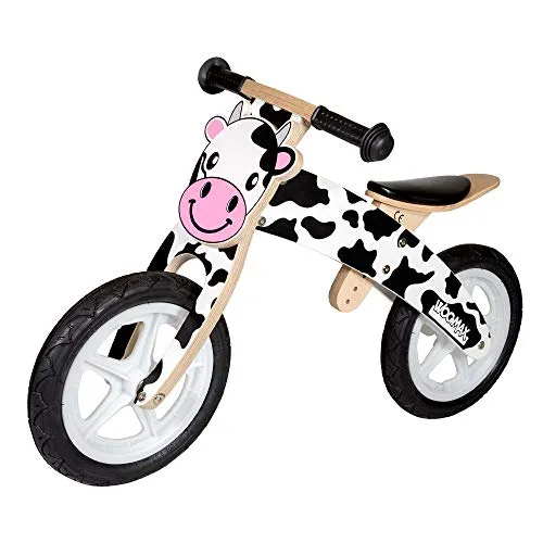 WOOMAX - Bicicletta in legno senza pedali, modello Mucca, 85 x 36 x 53 cm, sella regolabile 3 altezze, bici per bambini, max 25 kg, da 2 a 5 anni (85377)