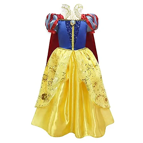 Disney Store costume ufficiale per bambini Biancaneve, 1 pz, costume di personaggio da festa, vestito e mantello in raso scintillante con bellissimo colletto in organza