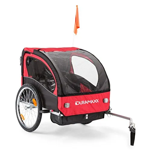 DURAMAXX Trailer Swift Rimorchio da Bici per Bambini Carrello Babytrailer Jogger (1 o 2 Bambini, Sistema Cinghia a 5 Punti, Max. 20 kg, Volume 37,5 Litri) Rosso