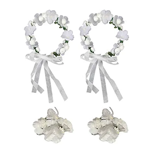 Aweisile Fiore fascia 2 Pezzi Braccialetto 2 Pezzi Corona di fiori e Braccialetto di fiori Ghirlanda Copricapo Regolabile per Sposa delle donne di fiore delle donne di cerimonia nuziale