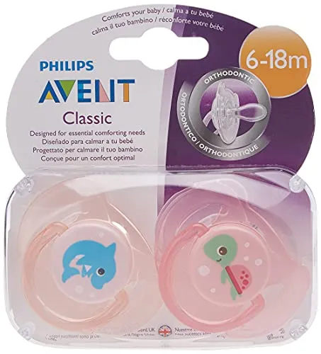 Philips Avent SCF169/38 Succhietti Airflow Delfino e Tartaruga, Tettarelle Ortodontiche e Fori per il Passaggio d'Aria (6-18 Mesi), 2 Pezzi