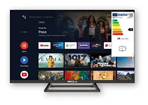 DIGIQUEST Smart TV 32”, Frameless, HD Ready, Android Google TV, Wi-Fi, LCN Tivùsat, Doppio tuner, Mediaplayer, Funzione CEC, base centrale, Nero [classe di efficienza energetica E]