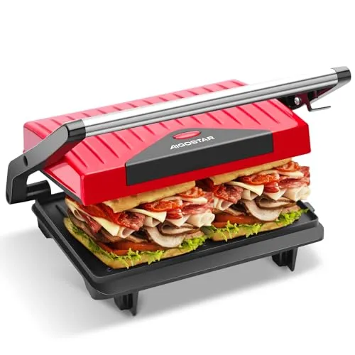 Aigostar Warme 30HHH - Panini Maker/Griglia, Pressa a sandwich, Griglia elettrica, 700 Watt, Fredda al tocco, Antiaderente, Indicatore luminoso, Rossa. Design esclusivo.