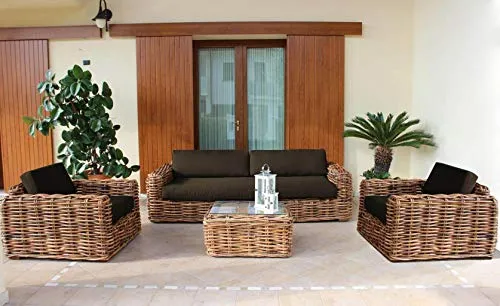 Milani Home s.r.l.s. Salotto da Giardino Completo di Cuscini Intreccio in Rattan Naturale