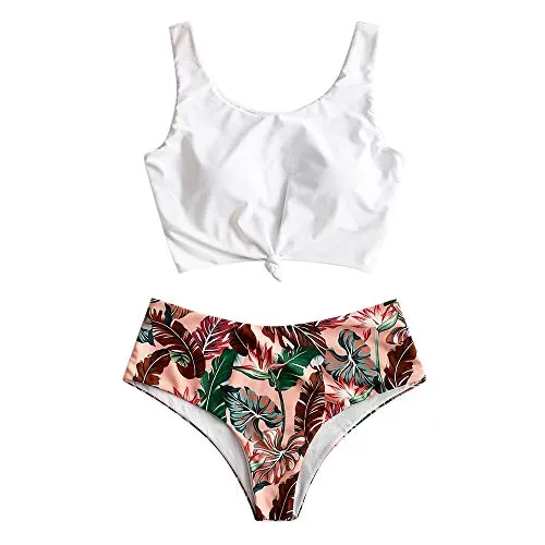 Zaful, costume da bagno da donna 2 pezzi, stile Tankini, set da spiaggia con reggiseno a tinta unita, con annodatura, imbottitura e bretelle, slip con motivo a foglie tropicali Multi-a. 50