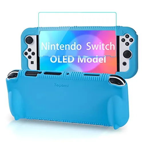 Teyomi Silicone Custodia compatibile con Nintendo Switch OLED modello 2021, Cover Nintendo Switch Oled con protettiva con accessori in vetro temperato, 2 scomparti per carte da gioco (blu)