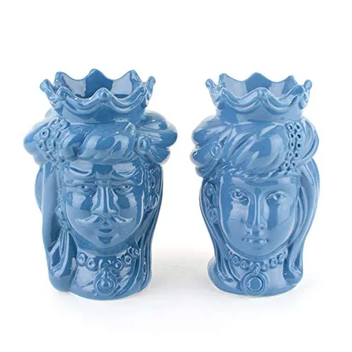 CEAR ceramiche - Teste di moro H cm 14 blu di Caltagirone, coppia teste di moro fatte a mano