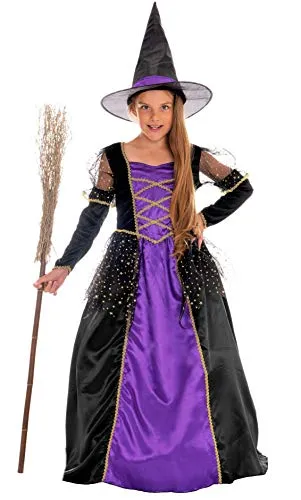 Magicoo - Costume da strega principessa, per bambine, colori lilla, nero e oro, con vestito e cappello. taglia da 110 a 140, costume da strega per Halloween, per bambine