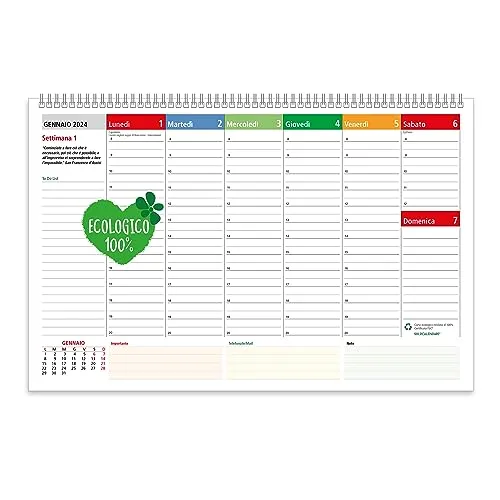 Planner 2024 Settimanale da Tavolo SPIRALATO con tutte le DATE STAMPATE in Carta ECOLOGICA 100% - Agenda 2024 Perfetta per Time Management - Planning 2024 Settimanale da Scrivania (32x21)