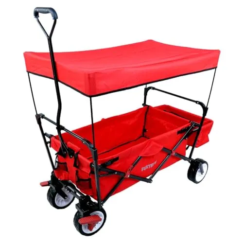 Carrello pieghevole City Bollerwagen FUXTEC - spiaggia - da giardino - trasporto bambini - qualsiasi terreno - tettuccio rimovibile - asta di trazione - 4 ruote - borsa posteriore - copertura - CT350