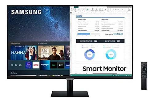 Samsung, Smart Monitor M5 S27AM500NR, Schermo 27", 1920x1080 (Full HD), Piattaforma Smart TV (Amazon Video, Netflix), Airplay, Mirroring, Office 365, Wireless Dex, Casse Integrate, WiFi, HDMI, Nero