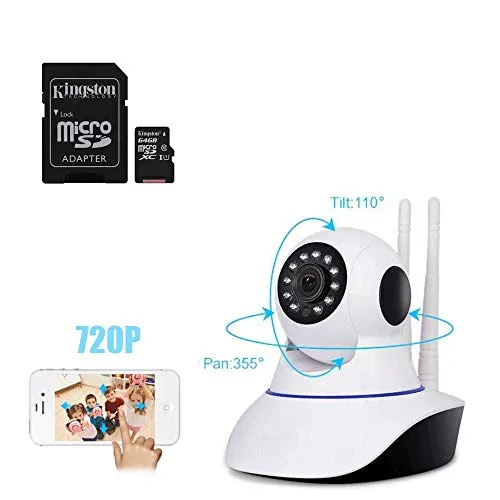 081 Store - Telecamera IP Due ANTENNE Camera HD 720P Wireless LED IR LAN MOTORIZZATA WiFi App YOOSEE + Scheda Kingstone SDCS/64GB Canvas Select Scheda MicroSD 64 GB