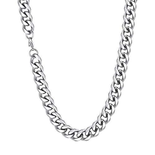 Richsteel Collana a Catena con cordolo Largo 12 mm con Bordi curvi, Catena a Maglie cubane, Chiusura a moschettone, Lunghezza 46 cm (18 Pollici), Collana Unisex Gioielli in Acciaio Inossidabile 316L