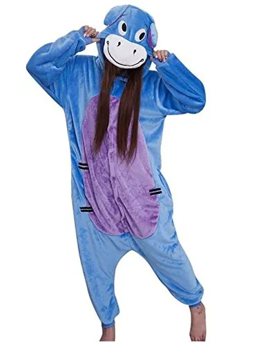 Ovender® Kigurumi Pigiami Animali Unisex Donna Uomo Costume Carnevale Halloween Cosplay Unicorno Stitch Gufo Zebra Giraffa Mucca Festa Party Zoo Onesies Tuta Anime (XL, Eeyore)