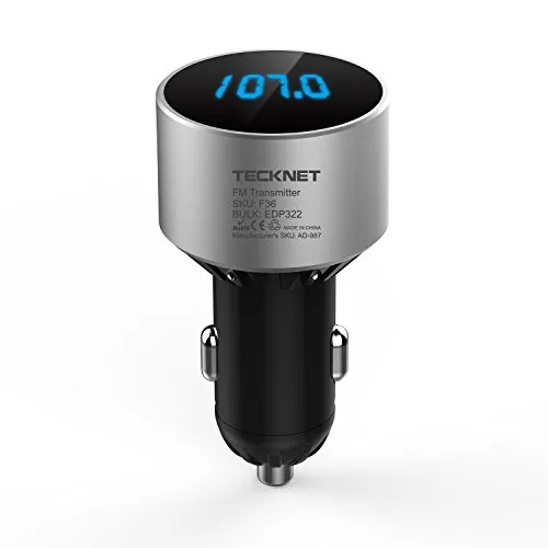 TECKNET Bluetooth FM Transmitter, Wireless Trasmettitore FM Radio con Caricabatteria da Auto USB 5V / 2.1A