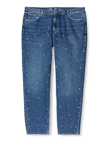 Marchio Amazon - find. Jeans Straight con Perle Donna, Blu (Mid Blue), 33W / 32L, Label: 33W / 32L