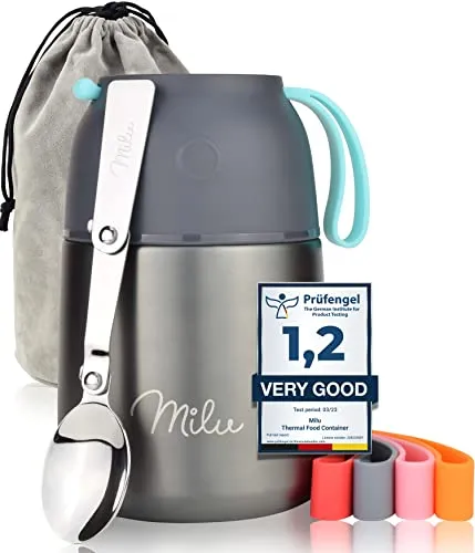 Milu Thermos per Alimenti I 450ml / 650ml / 800ml I Contenitore Termico di Acciaio Inossidabile, Isotermico Sottovuoto per Cibi Caldi e Freddi (Grigio, 450ml)