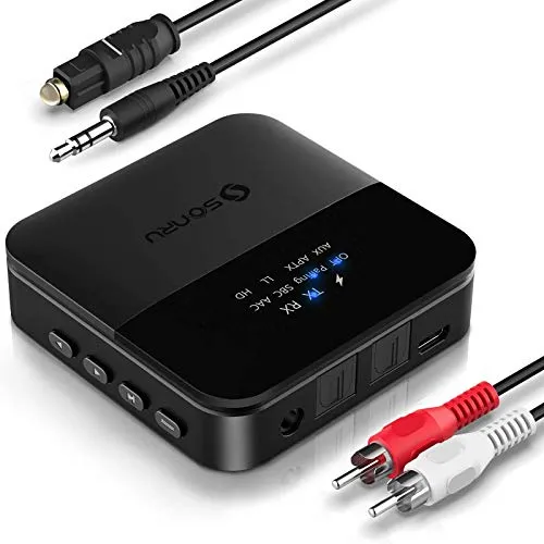 SONRU Ricevitore e Trasmettitore Bluetooth 5.0, Adattatore Audio Bluetooth 2 in 1, aptX HD/aptX LL Bassa Latenza, Tempo di Riproduzione di 24 Ore, Toslink/RCA/AUX Cavo, per Sistema TV/Stereo