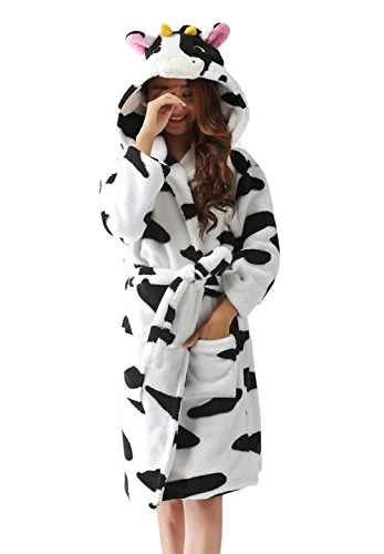 DELEY Unisex Coppia Donne Animale Corallo in Pile Caldo con Cappuccio Accappatoi Abiti Vestaglia Pigiameria Cosplay Costume Mucca Taglia S