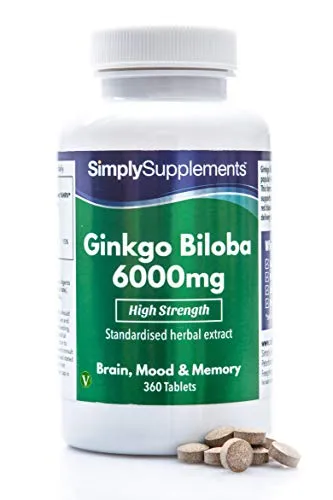 Ginkgo Biloba 6000 mg - 360 compresse - Adatto ai vegani - 1 anno di fornitura - SimplySupplements