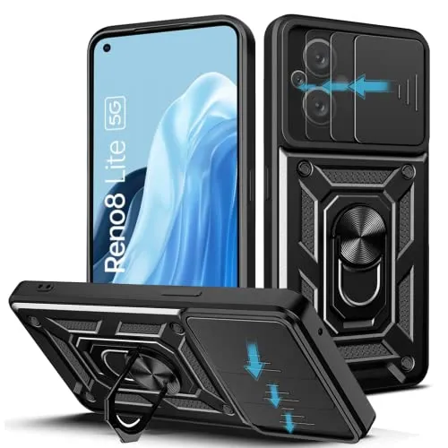 Loyhee Cover per OPPO Reno 8 Lite 5G (6.43"), Custodia con Scorrevole Fotocamera Proteggi Supporto di Anello Rotante Hard PC Back Cover e TPU Bumper AntiGraffio Antiurto Case - Nero