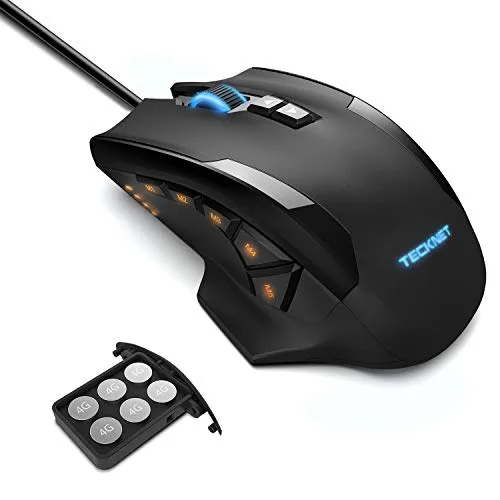 TECKNET Mouse da Gioco, HyperTrak 16400 DPI Laser Gaming Mouse, Cablato con Avago Sensore ADNS-9800, 10 Pulsanti Programmabili e Regolazione RGB, Cartuccia di Sintonia del Peso