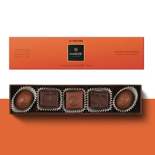 Le Praline 5 orange - cofanetto con 5 praline assortite contiene n.2 Praline “Supremo” (al caffè), n.2 “Croccantino” (Nocciola, Mandorla), n.1 “Noixorange” (Arancio, Noce)