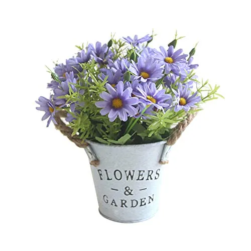 Homeofying, fiore artificiale in vaso con margherite, vaso in metallo, per bonsai, palcoscenico, giardino, festa di nozze Blue Purple