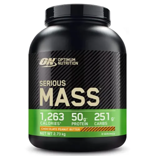 Optimum Nutrition Serious Mass Proteine in Polvere Alto Contenuto Calorico, Aumento Peso con 25 Vitamine e Minerali, Creatina Monoidrato e Glutammina, al Cioccolato e Burro di Arachidi, 2,73kg