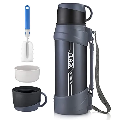 Borraccia termica per lo sport 2L,borraccia in acciaio inossidabile,borraccia da campeggio,48h calda e 24h fredda,con 2 tazze,stabile e a prova di perdite,per sport,fitness outdoor escursionismo - blu