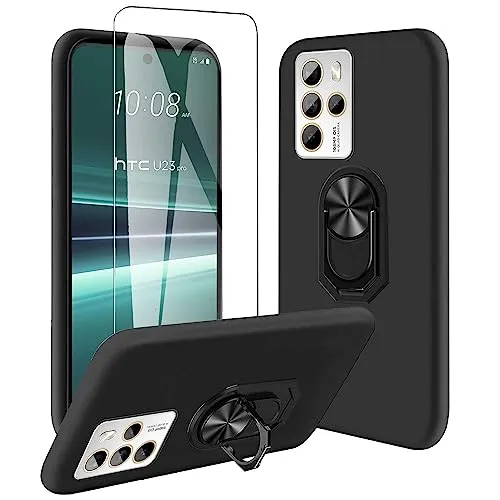 JDXHFF Cover Compatibile con HTC U23 Pro (6.7") Nero e Staffa Girevole a 360° e Pellicola Protettiva in Vetro Temperato - Custodia Morbido Silicone Protettivo TPU Case Black