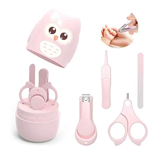 Set Manicure per Neonato, Kit per Unghie Neonati 4-in-1 per Baby, con Forbicine, Tagliaunghie, Lima e Pinzetta in Custodia con custodia Gufo, Facile da Usare per neonato, bambino, bambini (rosa)