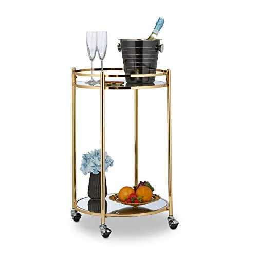 Relaxdays 10031631 Carrello da Cucina Rotondo, Portavivande con 2 Ripiani a Specchio, Acciaio, con Rotelle, HxD: 75 x 50 cm, Oro, Vetro, plastica