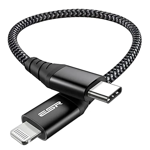 ESR Cavo da USB C a Lightning, (20 cm, Certificato MFi), Cavo Intrecciato in Nylon, Ricarica Veloce PD per iPhone 14/14 Plus/14 Pro/14 PRO Max, iPhone Serie 13/12/11/X/8, Cavo di Tipo-C, Nero