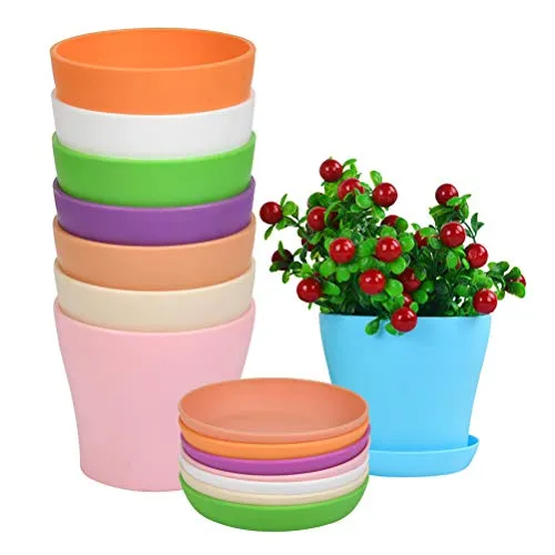 WOWOSS 8 Pezzi Vasi in Plastica con Sottovaso per Fiori Diametro 10 cm, Vaso per Piante da Esterno e da Interno, 8 Colorato