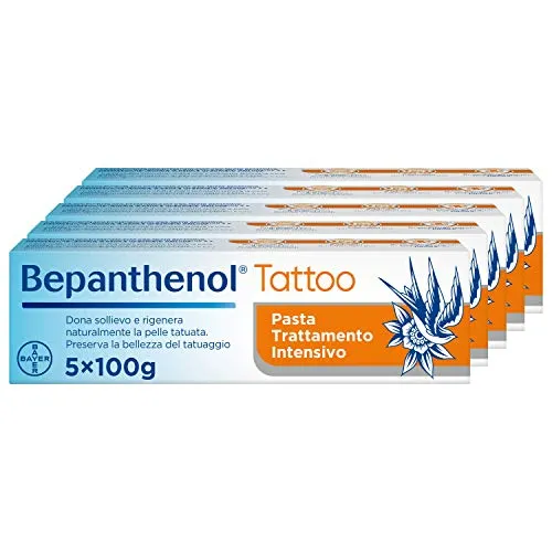 Bepanthenol Tattoo Crema per Tatuaggi con Pantenolo 5%, Senza Conservanti, Profumi e Coloranti, 100 g x 5 confezioni
