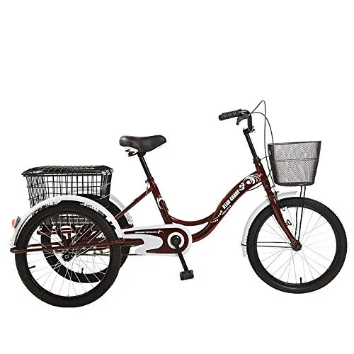 JHKGY 20 Pollici Trike Bike,Triciclo per Adulti,Biciclette A 3 Ruote A velocità Singola,con Altezza Regolabile,con Cestino Posteriore,Seniors Shopping Cargo Trike,Copper b