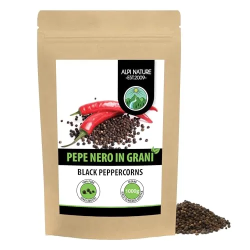 Pepe nero intero (1kg), pepe nero in grani 100% naturalmente puro, senza additivi, vegano, pepe nero