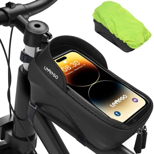 LEMEGO Borsa Bici Telaio Impermeabile, Porta Telefono Cellulare MTB, Bicicletta Riflettente con Copertura Antipioggia Grande Capacità, Supporto Touch Screen per 7,2 Pollici