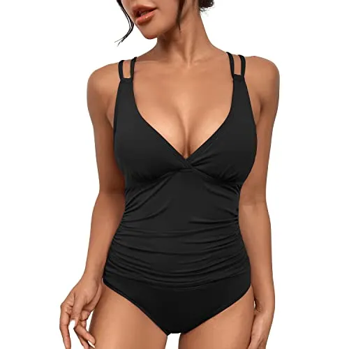 SUGSHYN Costume Intero Donna Scollo a V Curvy Costumi da Bagno Contenitivo Croce Indietro Intero Modellante Un Pezzo Monokini Mare Piscina Spiaggia Imbottito Costumi Interi Elegante(Nero,L)