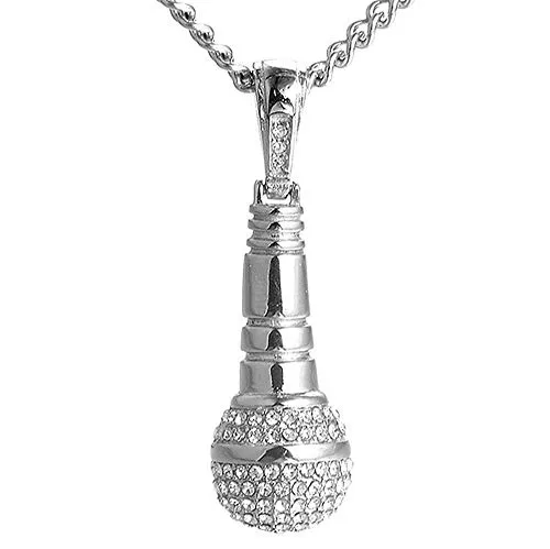 PAURO Collana Uomo Acciaio Inossidabile Hip Hop Diamante CZ Microfono Pendente Fascino con Catena 24 Pollici, Argento Piccolo