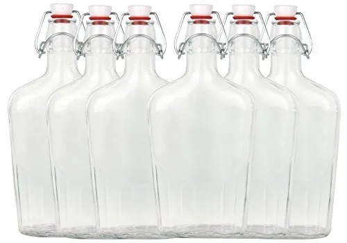 Set di 6 bottiglie di vetro, fiaschetta, con chiusura a leva, 0,25 litri