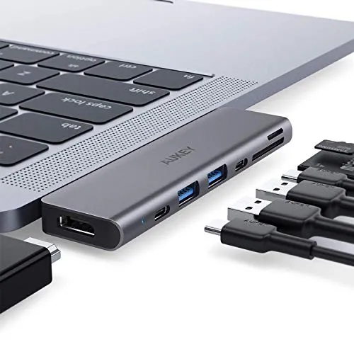AUKEY Hub USB C MacBook PRO (7 in 1) con 4K HDMI, Thunderbolt 3, 2 Porte USB 3.0, Porta Dati USB-C, Lettore di Schede SD/Micro SD Adattatore USB C per MacBook Air 2018/2019 e MacBook PRO 2019-2016