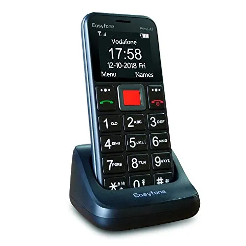 Easyfone Prime-A5 Telefono Cellulare per Anziani con Tasti Grandi, Funzione SOS, Batteria di grande con base di ricarica, Nero (Nero+)