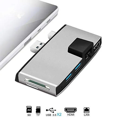 TWORUX Hub USB 3.0, Adattatore Surface PRO USB 3.0 con Lettori Schede di Memoria Esterni SD/TF, 2 Porte USB 3.0, HDMI 4K e Connettore LAN per Microsoft Surface PRO 5