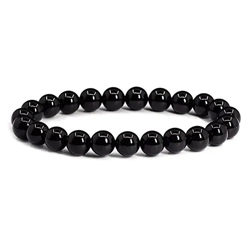 Bracciale Perline J.Fée Agata Nero Healing 8mm Pietra Preziosa Round Naturale Bracciale Elastico Bracciale di Perle Nero Gemstone Regalo di Festa del Papà di Compleanno per Donna Uomini Ragazza