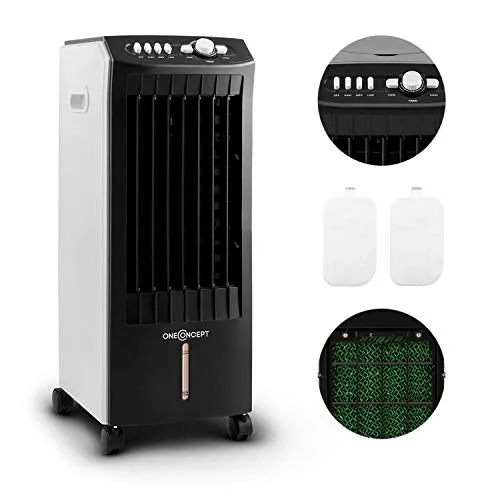 oneConcept MCH-1 V2 - Raffrescatore Evaporativo, Ventilatore, Umidificatore, 3in1, 7 Litri, 360 m³/h, 65 W, 3 Livelli di Potenza, Oscillazione, 3 velocità, Rotelle, 2 Siberini, Portatile, Bianco