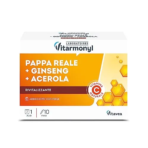 VITARMONYL - NECTAR ROYAL - PAPPA REALE GINSENG ACEROLA - Integratori per ridurre la stanchezza e favorire il normale funzionamento del sistema immunitario - Confezione da 10 fiale - 100 ml