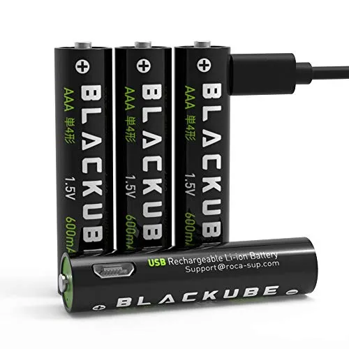 Blackube Micro AAA batterie 1,5 V 600 mAh – 1 ora di ricarica e peso leggero per dispositivi ad alte prestazioni – accu per mouse wireless, fotocamera, telefono – con vano batteria – 4 pezzi Nero